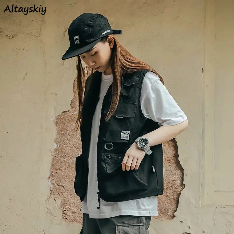 Vests Couple Women Pocket Cargo Teens Japan Style Sleeveless College Unisex Summer Outwear Clothes Harajuku 251212