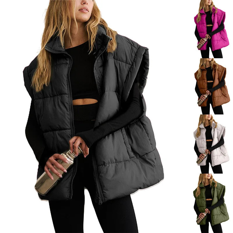 Womens fashionable loose sleeveless zipper solid color cotton vest womens jacket 251212