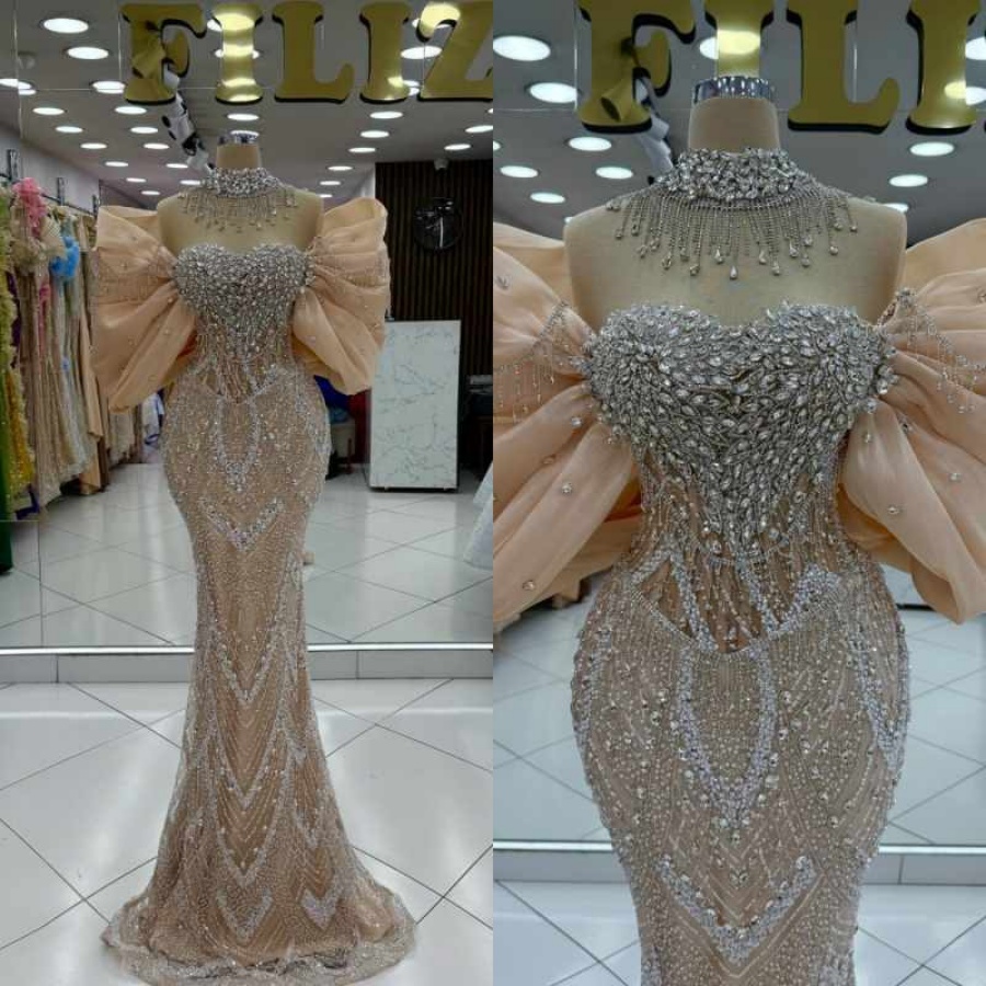 Abito da ballo elegante con spalle scoperte Arabo Dubai Collo trasparente Abito da sera a sirena Robes De Soiree Abiti da festa con perline Abiti da