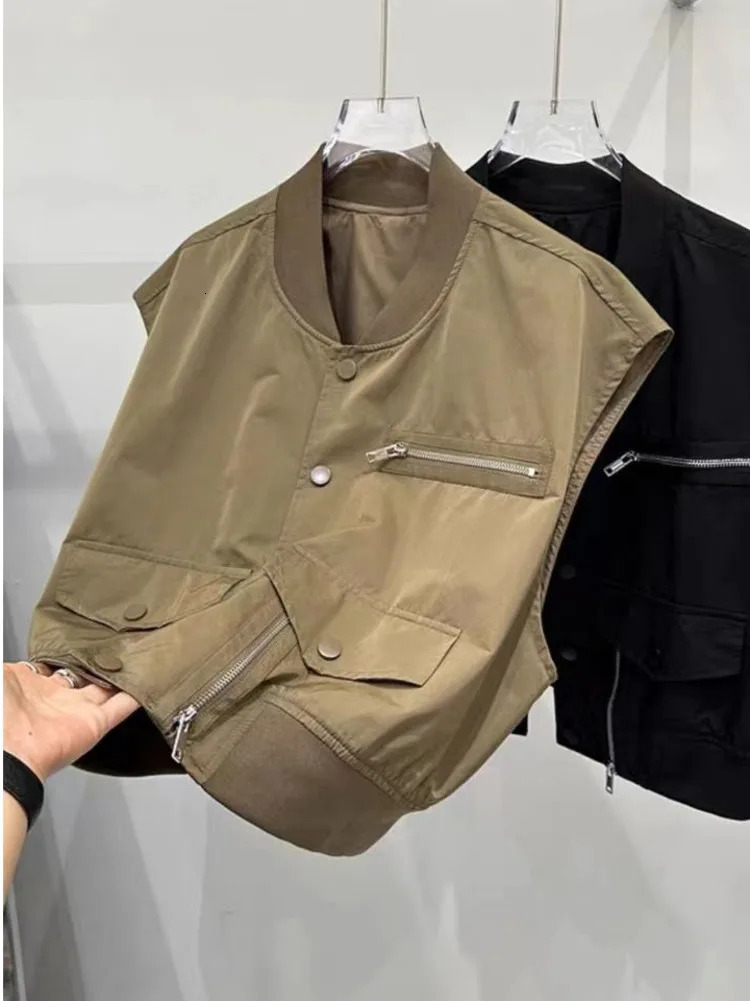 Chic Casual Zipper Cargo Vest Women Spring Summer Loose Decorative Zipper Splice Short Sleeveless Jacket Fashion 251212