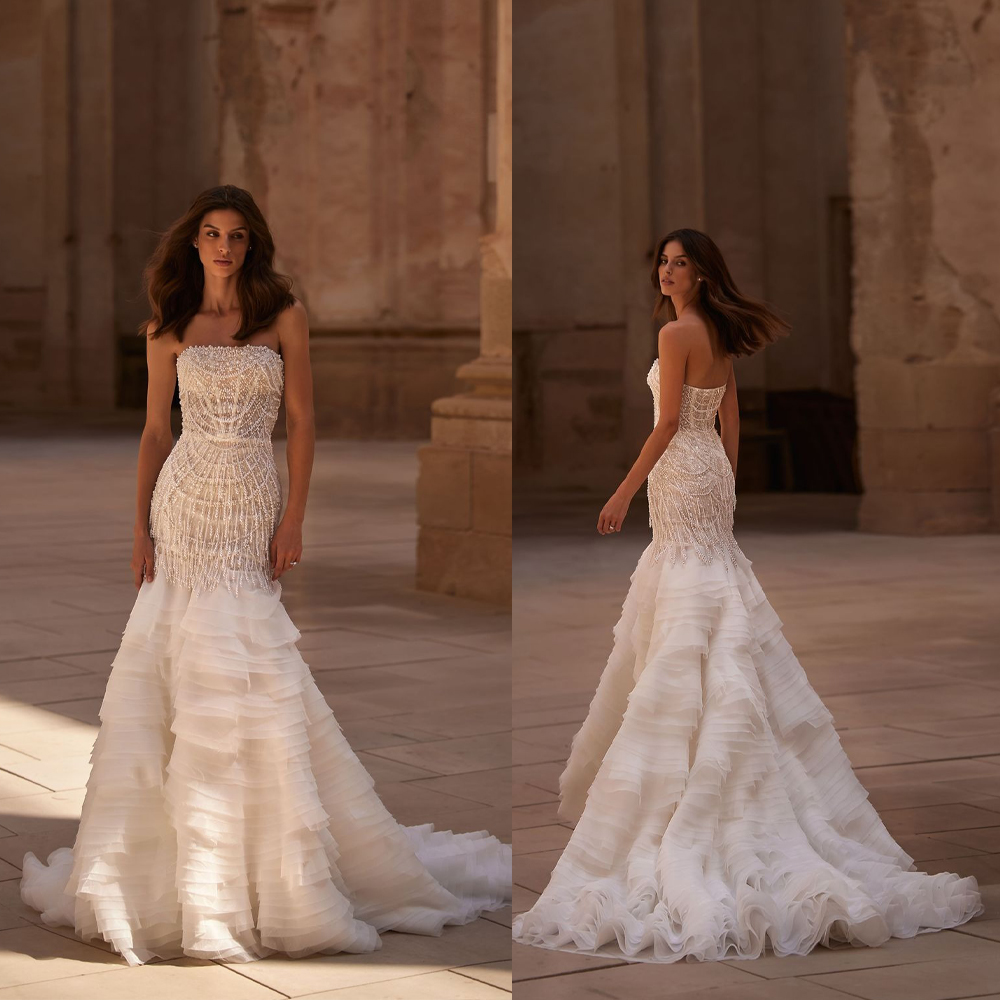 Elegant Wedding Dresses Pearls Strapless Mermaid Bridal Gowns Tiered Train Sequins Sleeveless Customized Vestidos De Novia Plus Size