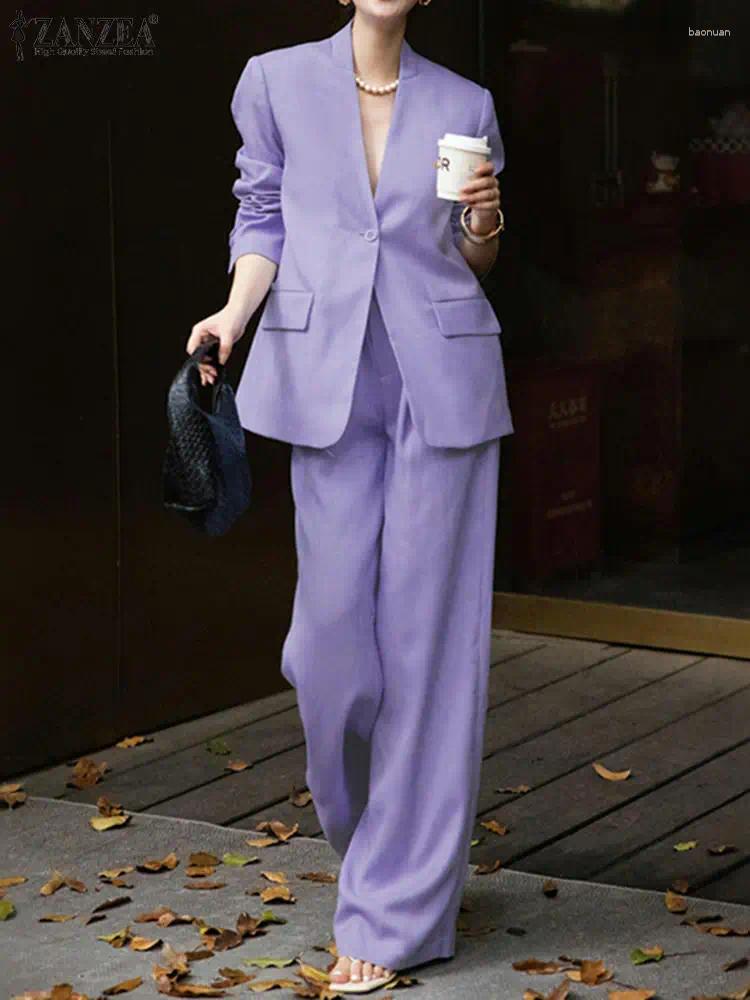 Women's Two Piece Pants 2025 Autumn Pant Sets ZANZEA Stylish Women 2 Elegant V Neck Long Sleeve Blazer Trousers Solid Work Outfit Tracksuit c0