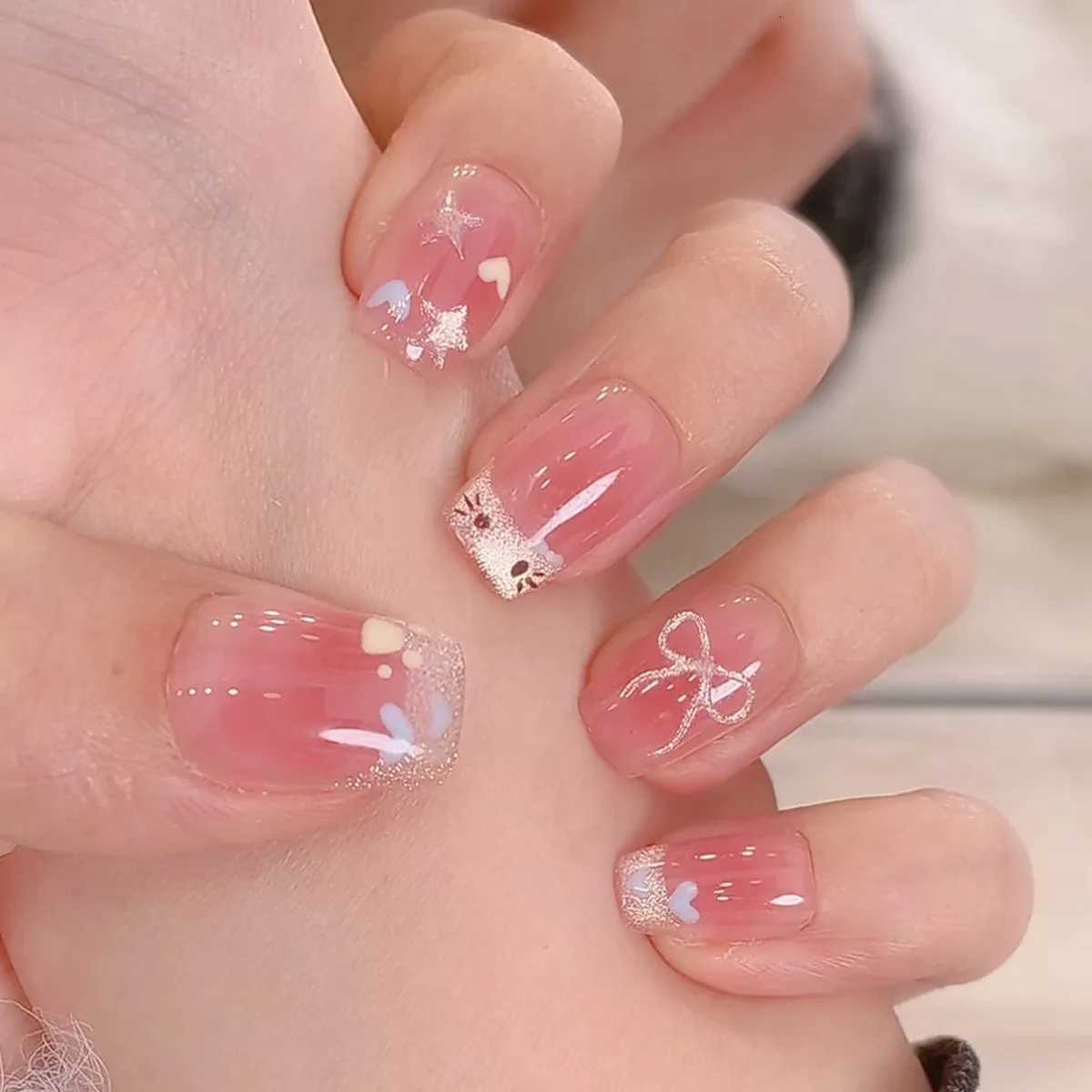 24Pcs Cute Press on Nails Short Square False Nails Glitter Diamond Fake Nails Cat Eye Full Cover Artificial Nails Tips for GirlsT251215-image-1088425681