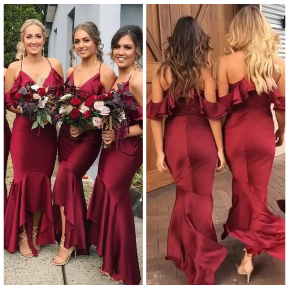 Vintage Burgundy Spaghetti Mermaid Bridesmaid Dresses Off Shoulder Hi-Lo Formal Prom Evening Gown Long Plus size Maid Of Honor Dresses 1215