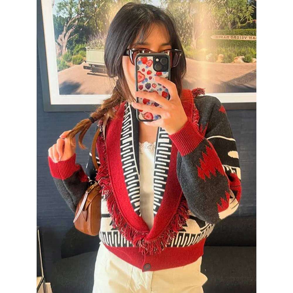 Tassel Patchwork Printed Cardigan Women Turn-Down Collar Long Sleeve Knitted Fashion Lady Sweater Vintage 2025 Autumn Cardigans