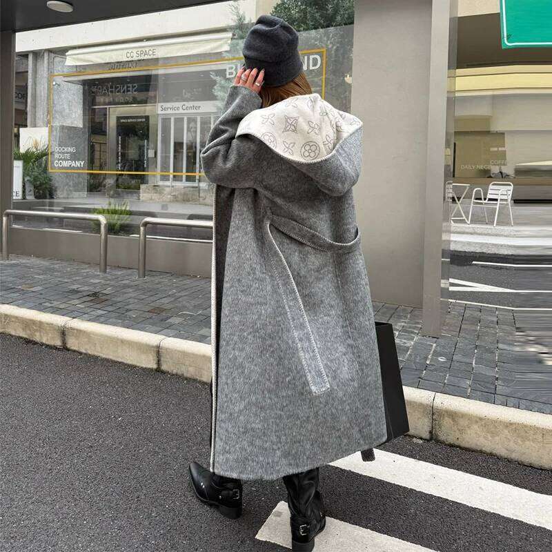 Women's Korean Style Casual Loose Printed Fashion 2026 Double-Sided Woolen Coat Long Cardigan Hooded Collar Alpaca Fur Trimmed
