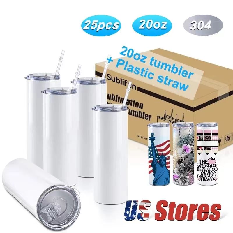 USA CA Warehouse 25pc/carton STRAIGHT 20oz Sublimation Tumblers Blank Stainless Steel Mugswith Lid and Straw for Heat Transfer DIY Gift Coffee Bo-image-1088466926