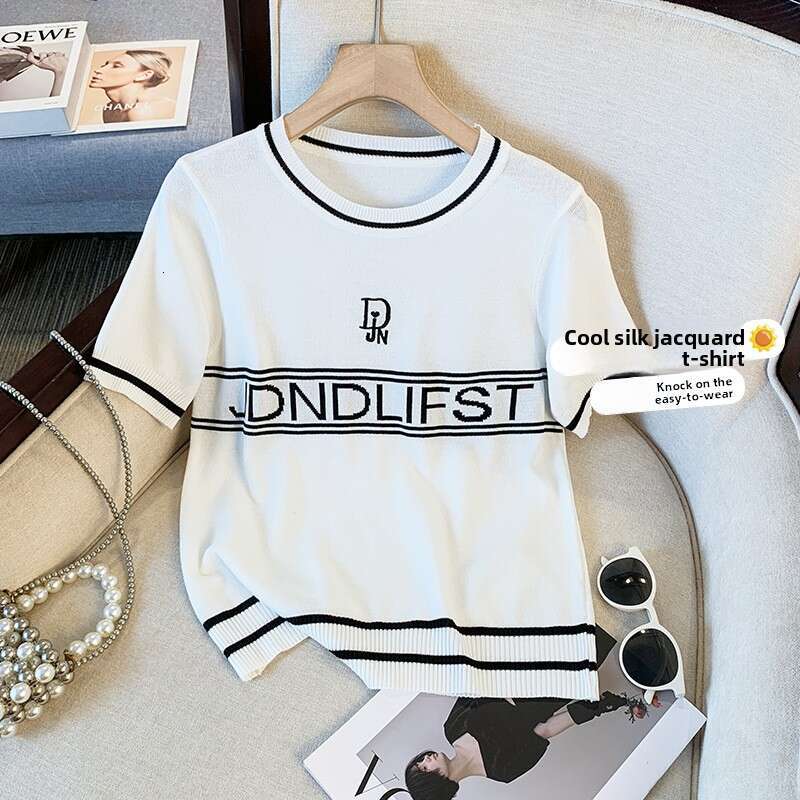 2025 Summer New Color Block Letter Ice Silk Knitted Top For Women Korean Chic Trendy High-End Short Sleeve T-Shirt