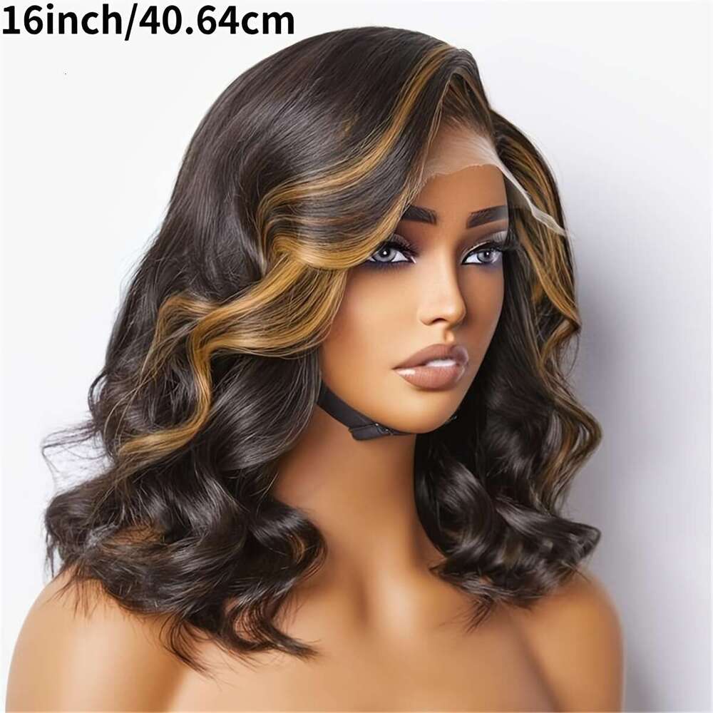 12-16 Inch Two Tone Lace Front Wig, Featuring Black Base With Blonde Balayage, Made From Synthetic Fiber, Designed As A Left Side Part Short Bob Sui