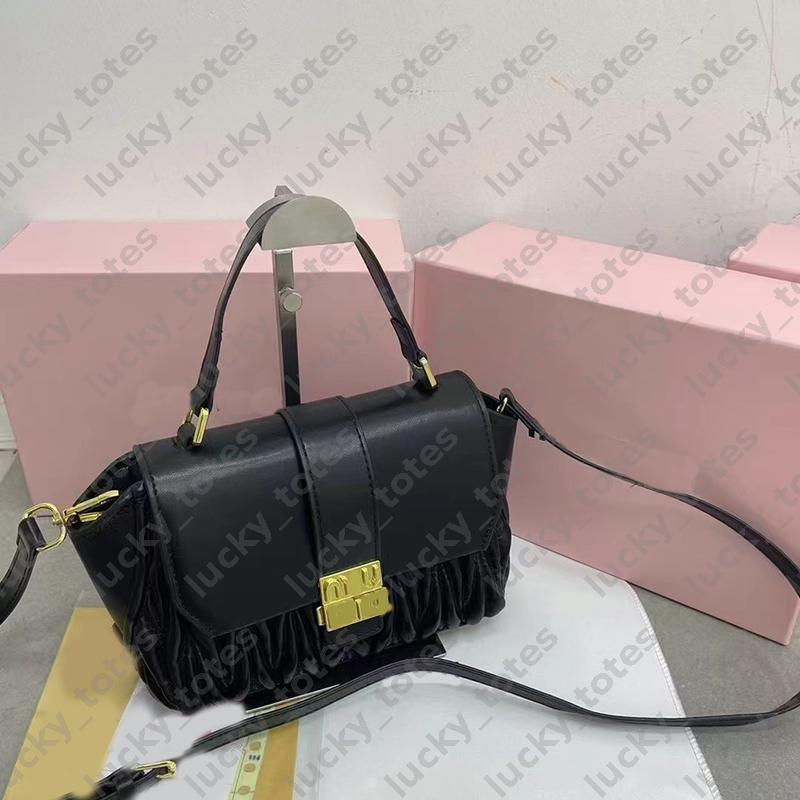 Designer Luxury Bag Womens Pleated Leather Handbag With Gold Lock Decoration Stylish Shoulder Bag Crossbody Purse Solid Color Large Capacity Bags DL