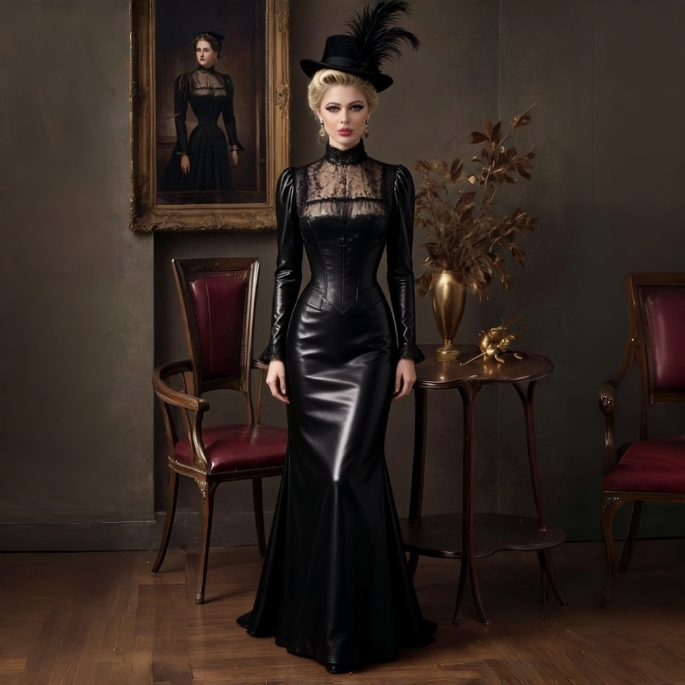 Gothic Black PU Leather Prom Dresses Lace Appliques Sheer High Collar A-Line Evening Gowns Vintage Victorian Cosplay Costume Masquerade Occasion Wea