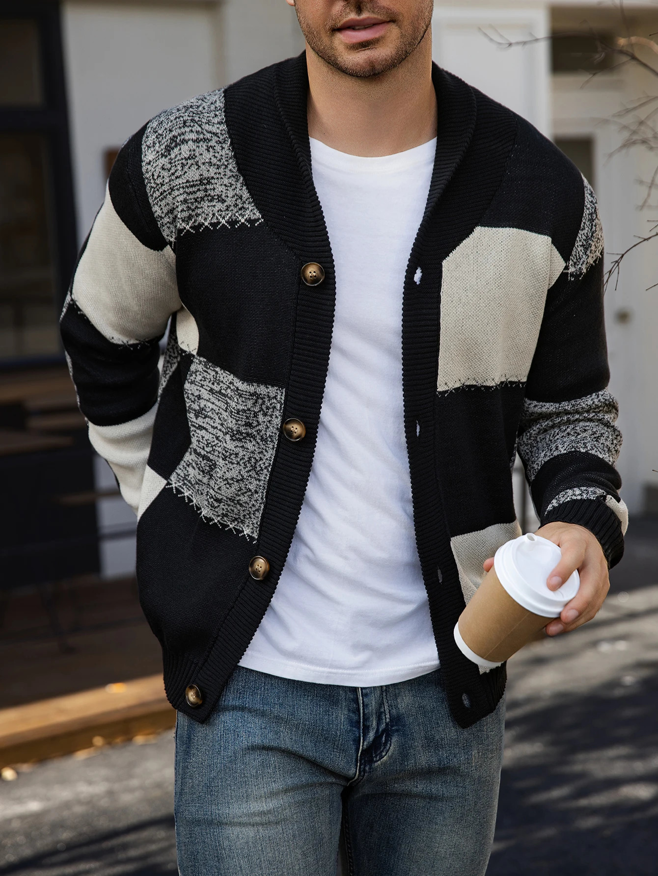 Mens Autumn and Winter Cardigan Sweater BlackWhiteGray Plaid Color Block Casual Versatile Knitted Jacket 251211