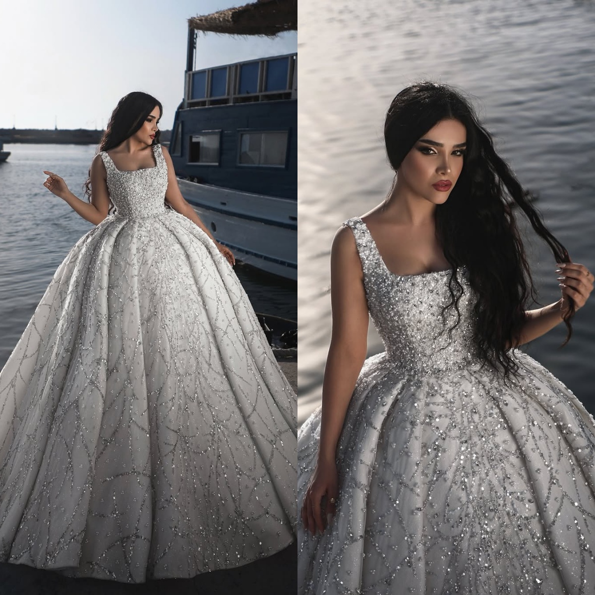 Fashion Wedding Dresses Crystal Pearls Bridal Ball Gowns Square Neck Sequins Sleeveless Princess Customized Vestidos De Novia Plus Size