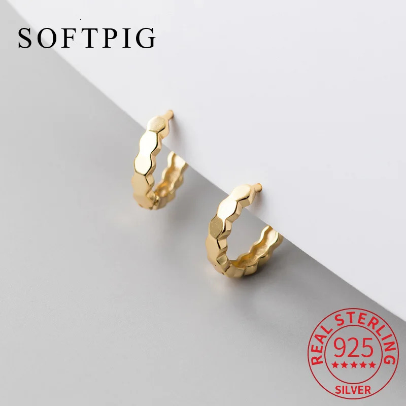 SOFTPIG Real 925 Sterling Silver Glossy Polygon 18k Hoop Earrings For Women Classic Fine Jewelry Geometric Accessories 251209