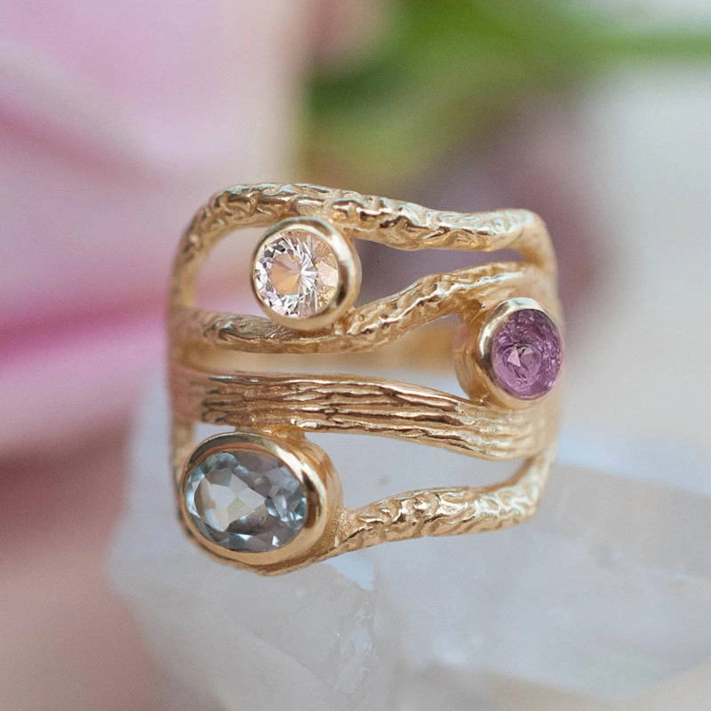 Designer Ring Luxurious Jewelry Moissanite Inlay March Light Color Retro Geometry Multi-layered Lines Exquisite Handmade Fashionable High-end And Ve
