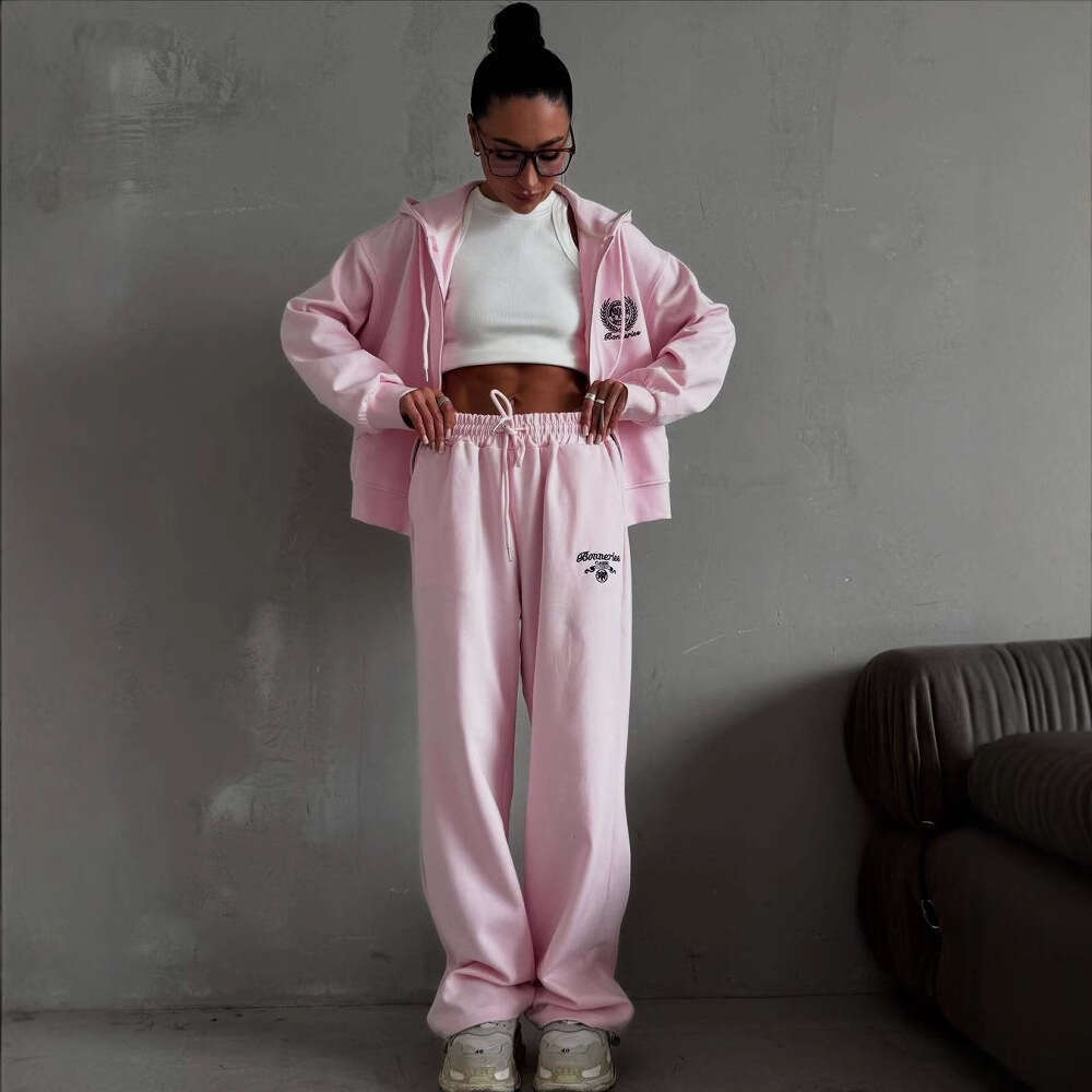 European And American Style Zipper Hooded Sweatshirt Jacket Set For Women New Embroidered Sweatpants High Waist Casual Sports Long Pants Trendy B5