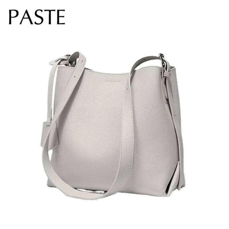 Beige Blue Solid Color Simple Design Bucket Cowhide Leather Women Shoulder High Quality Suede Inside Messenger Bag St251215