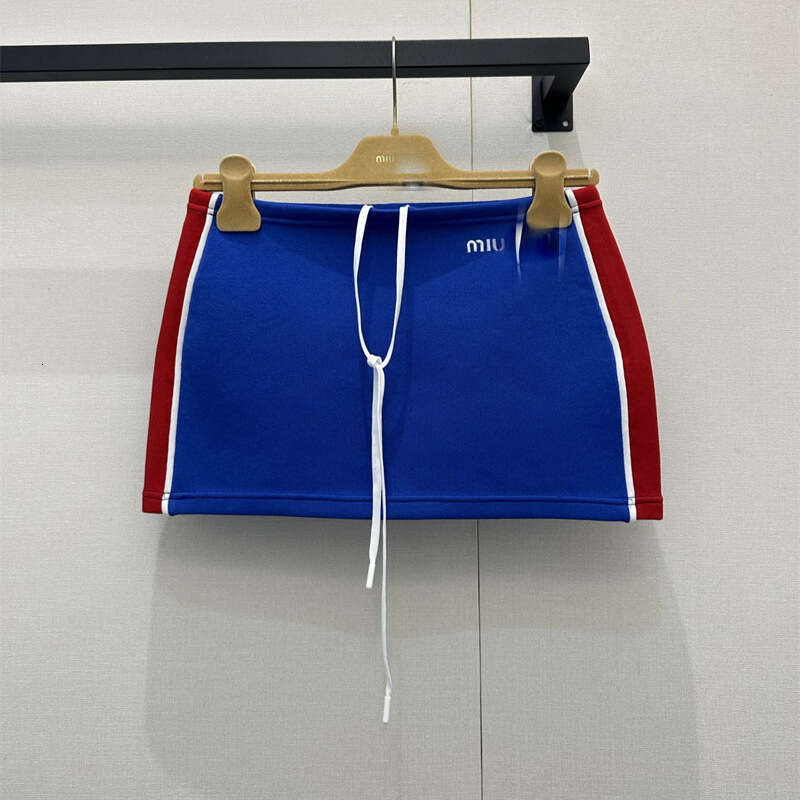 Designer 25 Autumn Winter New Haute Couture Miu Simple Casual Sporty Drawstring Blue Red Color Block Short Skirt 3405
