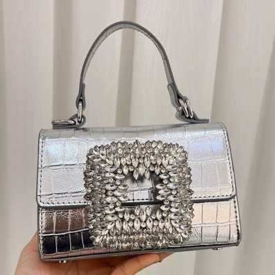 25 New Women's Bags French Style Diamond Fairy Bag Crocodile Pattern Small Square Bag Super Shiny Rhinestone Handbag Shoulder Crossbody Bag for