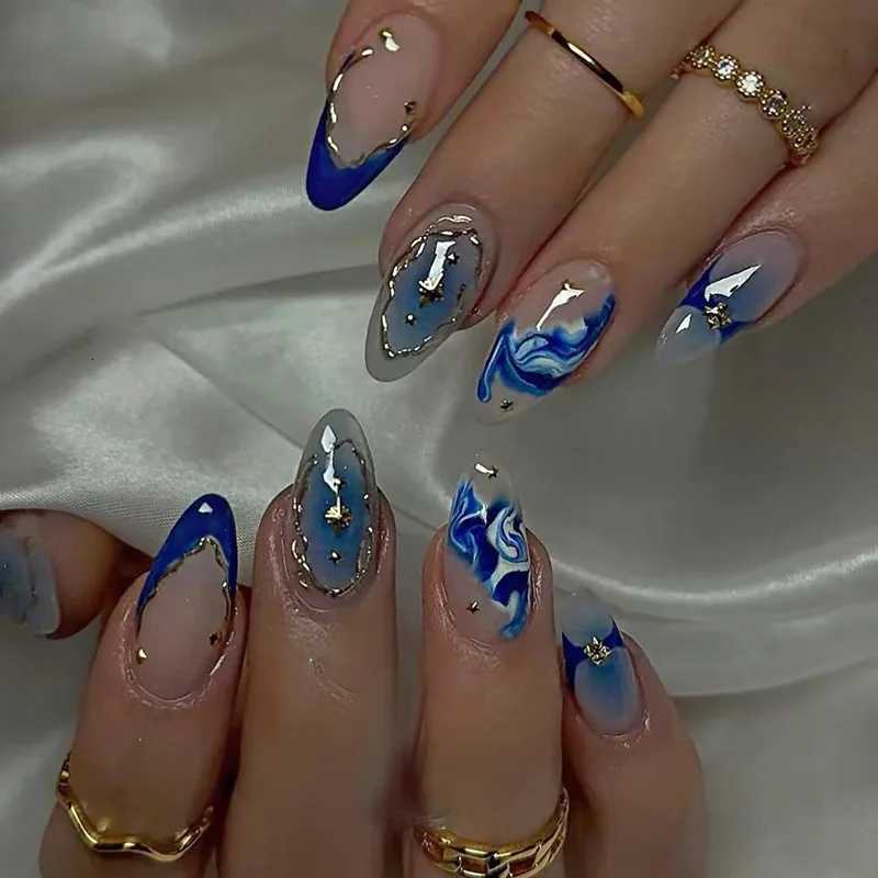 24Pcs Blue French Fake Nails Short Almond Nails Set Press on Wearable Wave Line Golden Star Design False Nails Manicure TipsT251215-image-1088421305