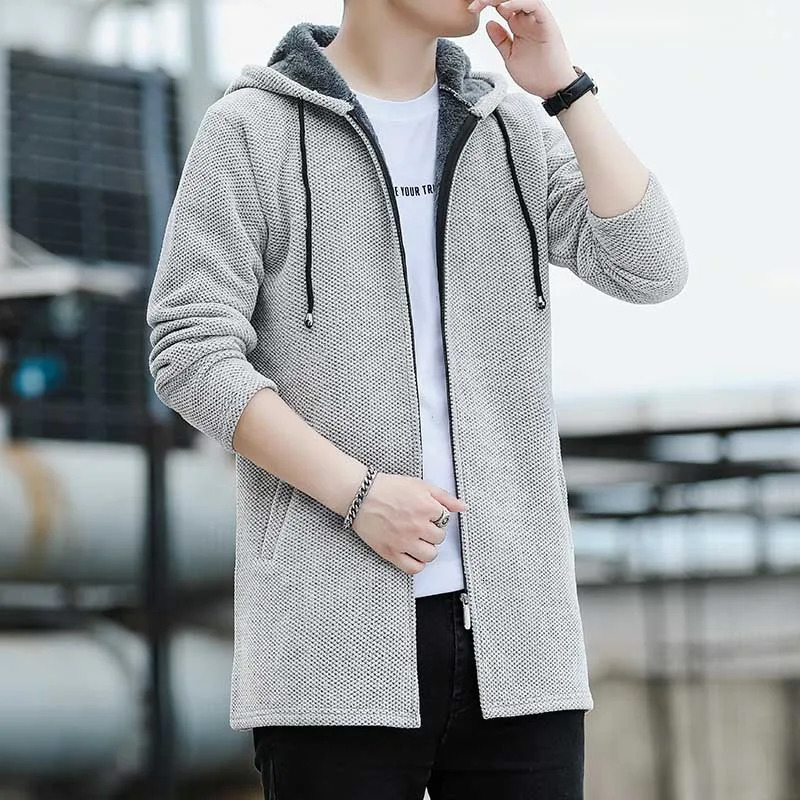 Mens Long Cardigan Thick Fleeced Knit Jackets Solid Color Hooded Sweater Coat Autumn Winter Padded Clothes 251211