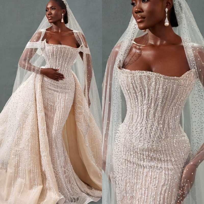 Sparkling Sequins Wedding Dresses With Veils Mermaid Bridal Gowns Detachable Train Beadeds Vestidos De Novia Customized