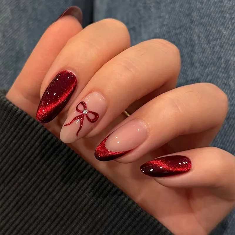 24PCS Sweet Cool Red Cat Eye Almond False Nails Simple Bow French Designs Press on Nails High Quality Glossy Manicure Fake NailsT251215-image-1088421565