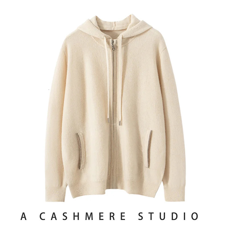 100 Cashmere Coat Mens Knitted Hooded Zipper Cardigan Autumn and Winter Business Casual Long Sleeved Clothing Jacket 251211