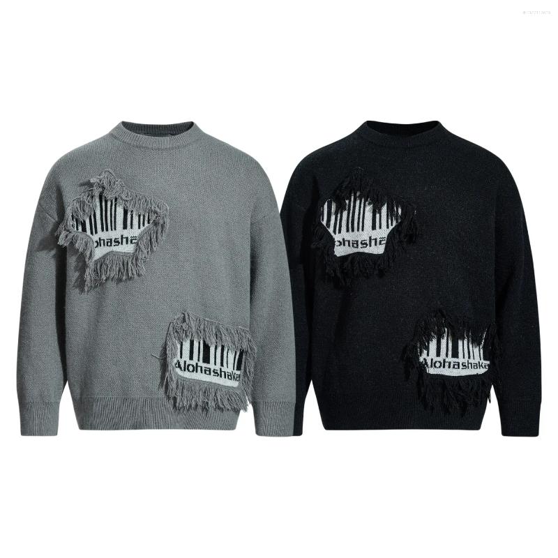 Men's Sweaters Y2K OMirad Fringed Patchwork Knit Sweater Vintage Barcode Pattern Embroidered Rag Trendy Gray Men Women Casual Pullover