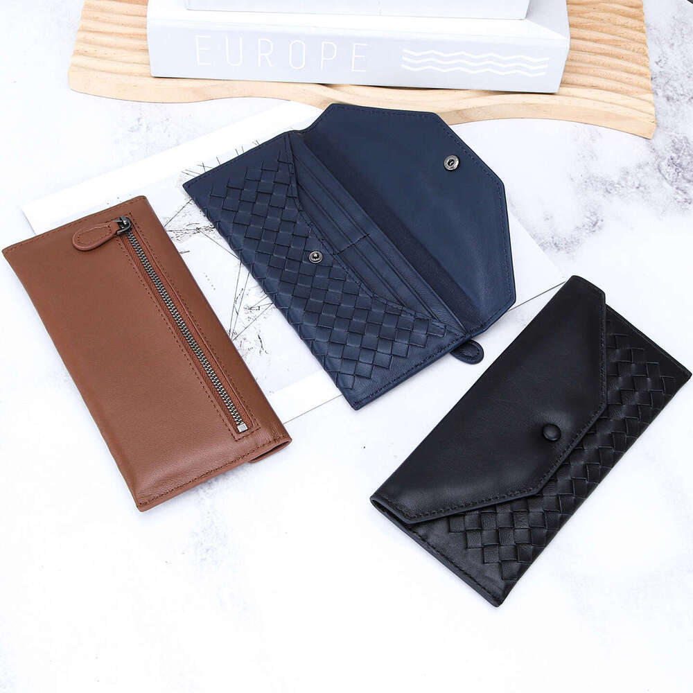 Genuine Leather Woven Men's and Women's Long Ultra-thin Money Multi-card Slot Buckle Handbag Sheepskin Envelope Wallet Suit Clip