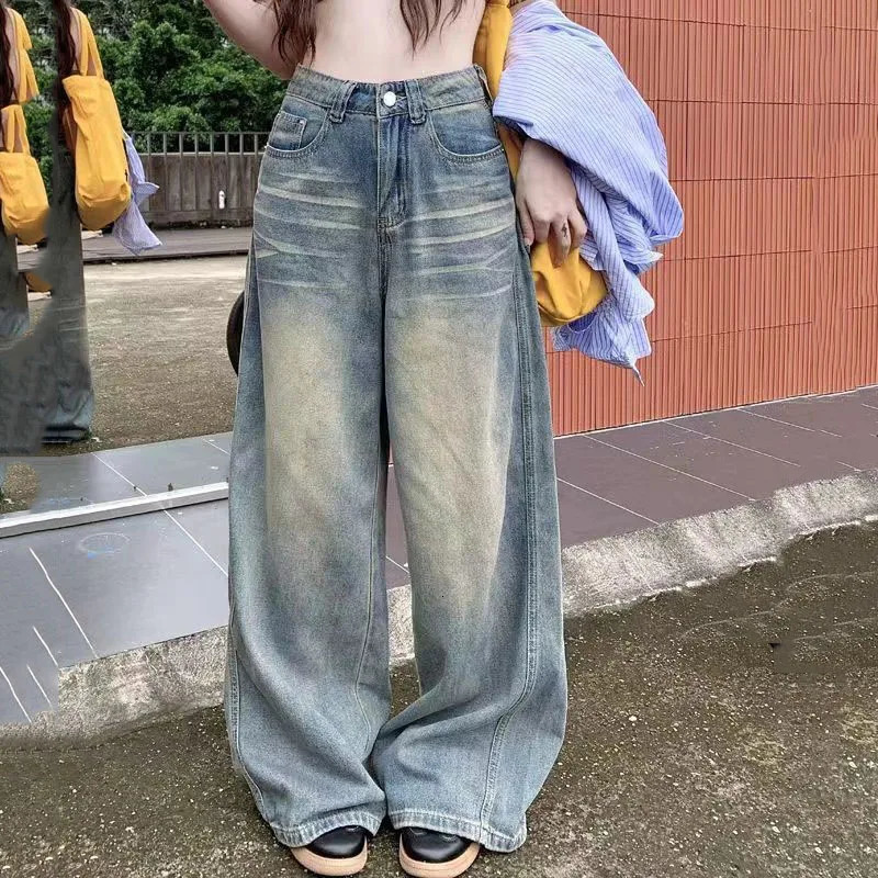 Spring Autumn Vintage Chicly Button Jeans Women American Simple Baggy High Waisted Denim Pants Washed Y2K Wide Leg Jean Trousers 251210