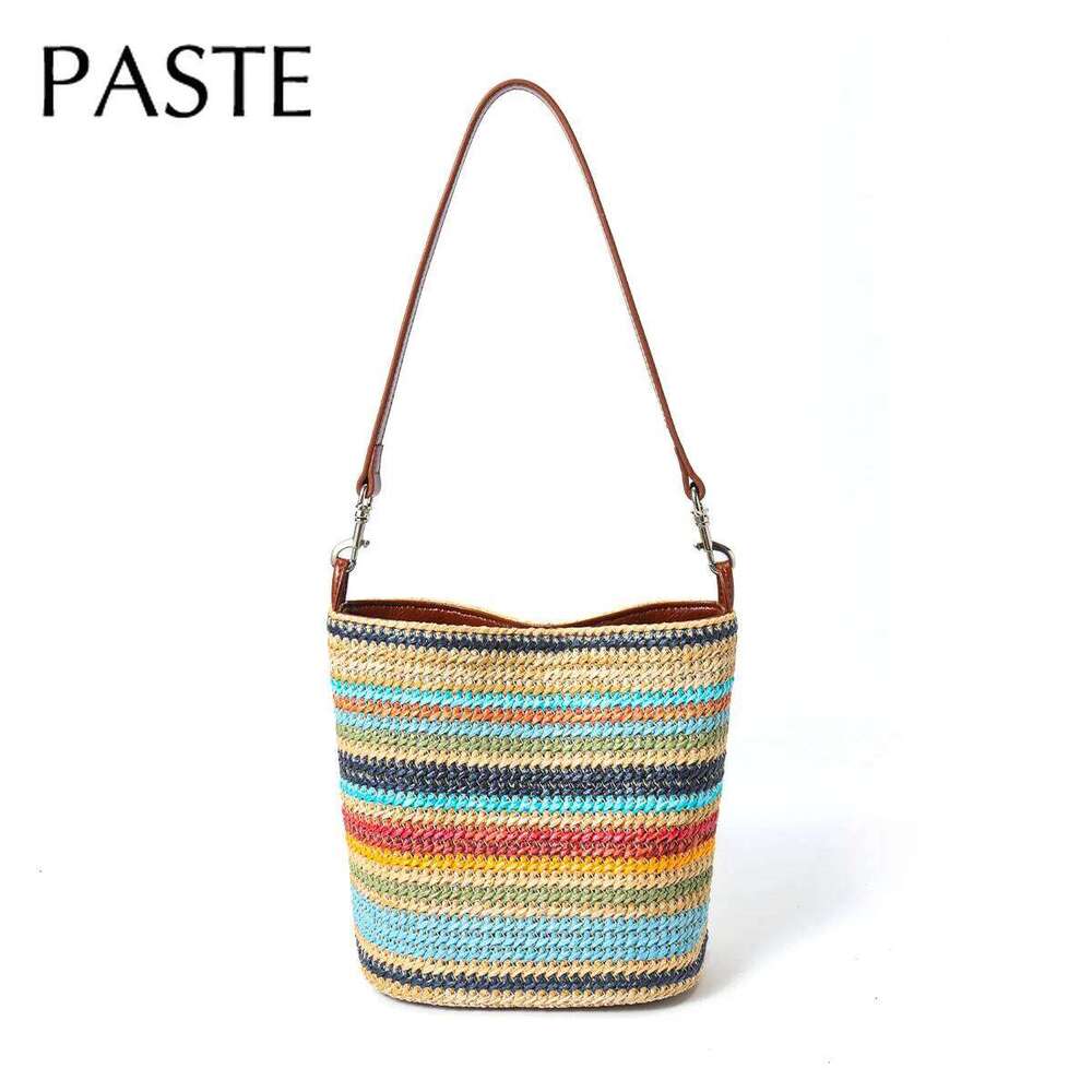 New Summer Simple Design Colorfull Bucket Tote RAFFIA Grass Weaving Leisure Beach Vacation Women Single Shoulder Crossbody Bag 251215