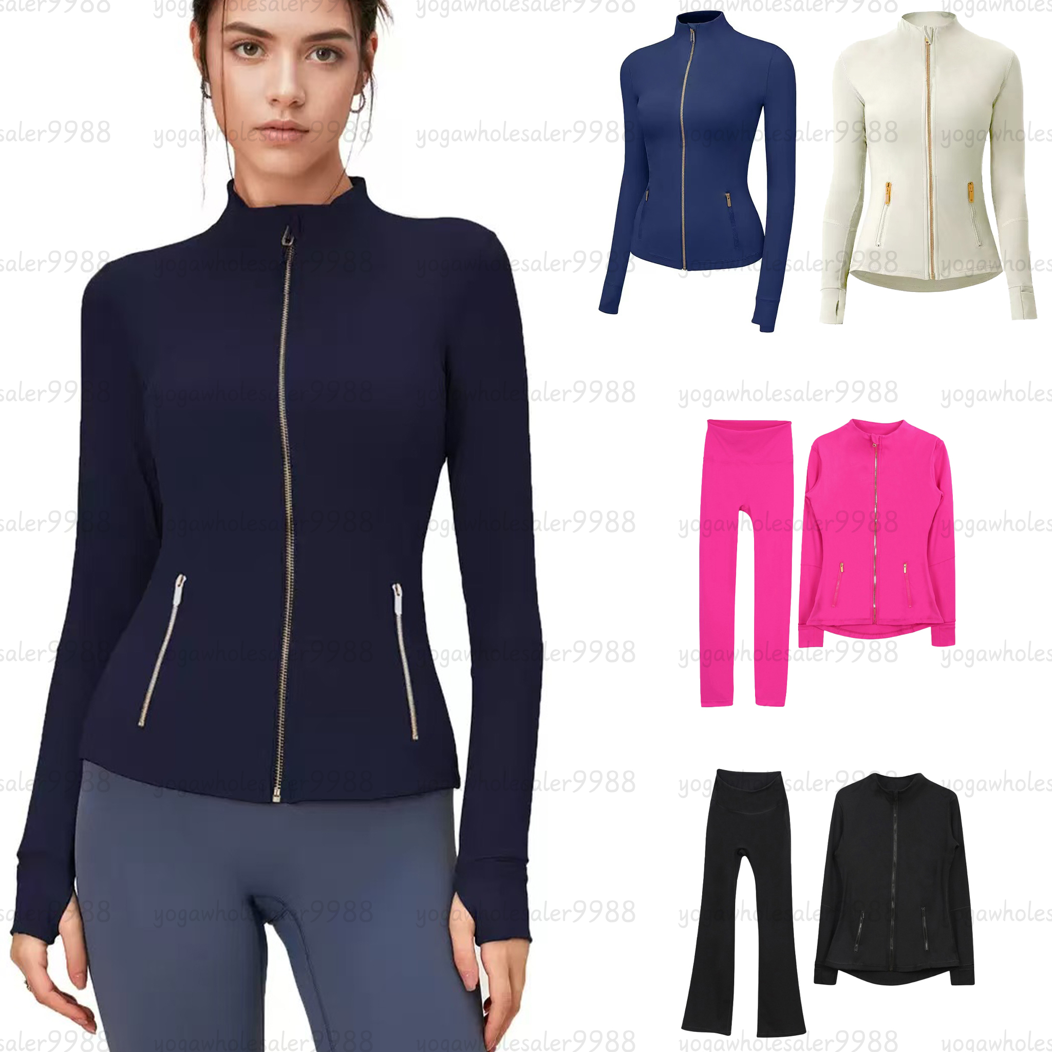 Gold Zipper Yoga Jacket Womens Yoga Set Long Sleeve Solid Color Shaping Waist Sports Coat Black Navy Albumin Cropped Jackets High Quality Sweatshirt