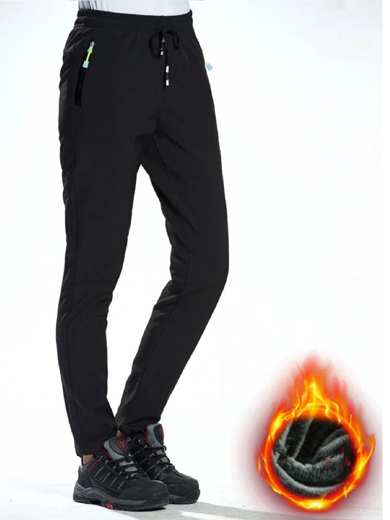 Solid Color womens Pants Fleece Lining Hiking Autumn Winter Thick Warm Elastic Waist Drawstring Zipper Pockets 251212
