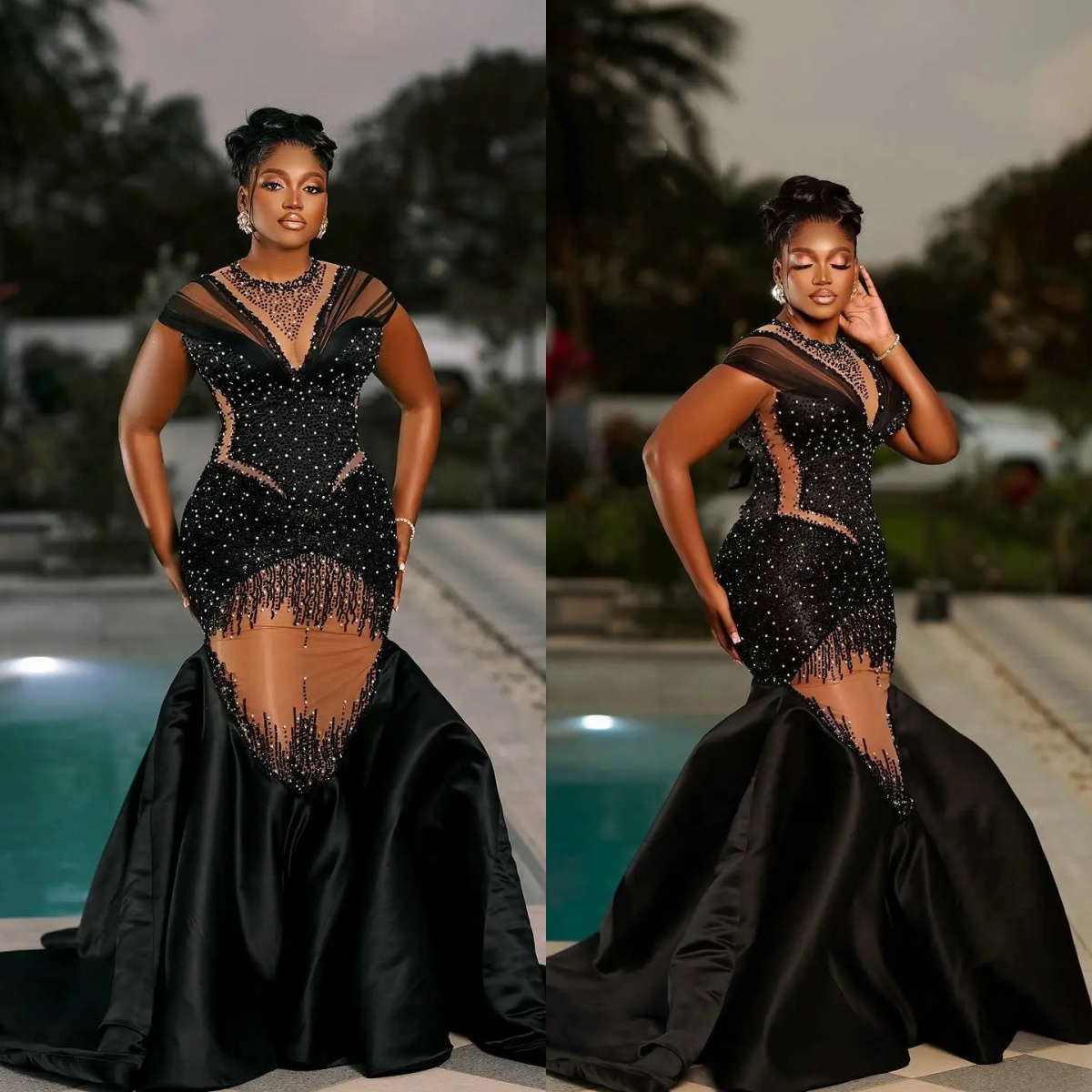 Plus Size Mermaid Evening Dress O Neck Sleeveless Lace Prom Gowns Sexy Crystal Beaded Floor Length Party Dresses Customized