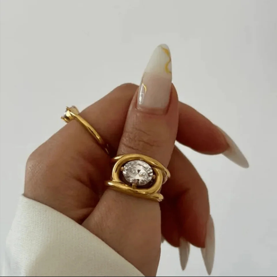 Vintage Oval Zircon Ring for Women 18K Gold Plated Stainless Steel Fashion Party Jewelry Gift 251210