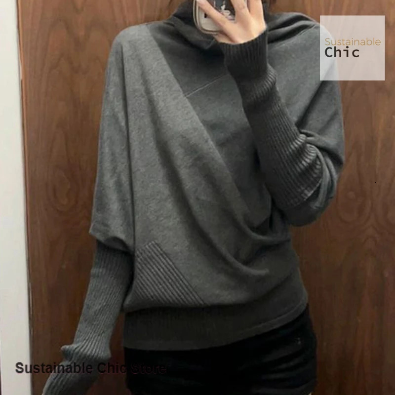 American retro bat sleeve turtleneck gray sweater womens spring and autumn pullover sweater fashion sense top 251212