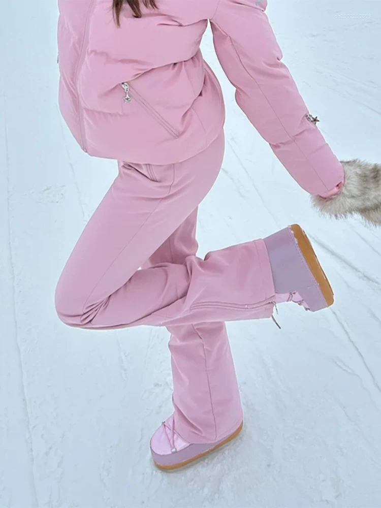 Women's Two Piece Pants Padding Skiwear Sets Fashion Hooded Long Sleeve Waterproof Coat High Waist Suits 2025 Winter Outdoor Ski Lady Set