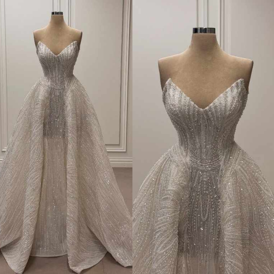 Modern Sequins Wedding Dresses Strapless Bridal Gowns A Line Illusion Sleeveless Princess Customized Vestidos De Novia