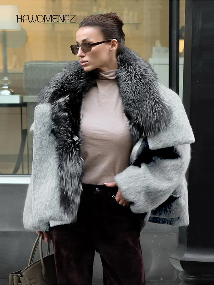 Casual Fur Collar Woolen Coat Women Full Sleeve Solid Loose Patchwork Big Pockets Coats Female Street Winter Lady Outwears 251213