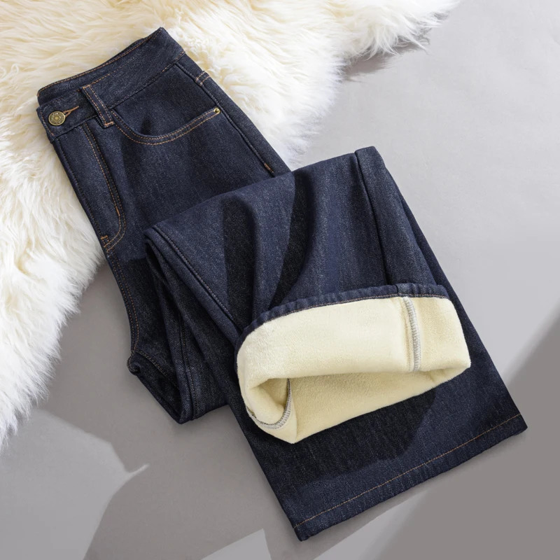 Winter Fleece Lined Jeans for Woman Y2k Pants Wide Leg Blue Loose Straight Trousers Pear Shape Body Comfort Fashion Trend 251212