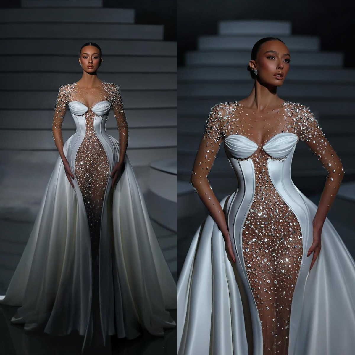 Gorgeous Crystal Pearls Wedding Dresses O Neck Mermaid Bridal Gowns Overskirts Illusion Long Sleeve Customized Vestidos De Novia Plus Size