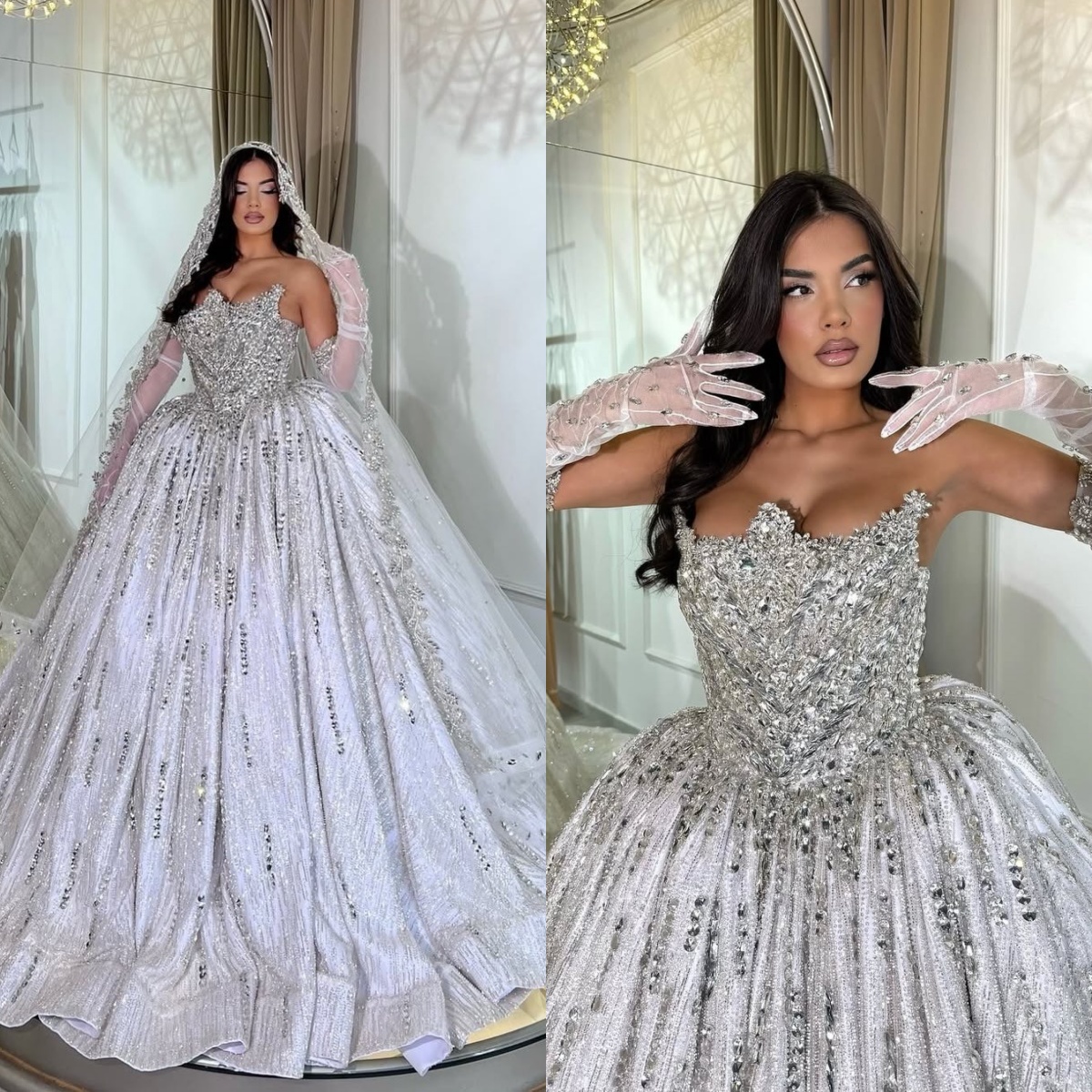 Exquisite Strapless Wedding Dresses Crystal Bridal Ball Gowns Sequins Beading Sleeveless Princess Sweep Train Customized Vestidos De Novia Plus Size