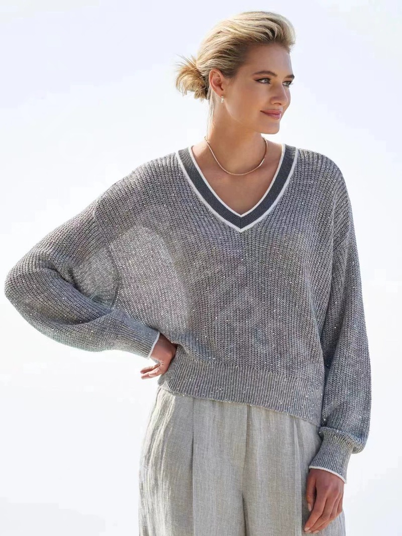 Luxury Designer Women Sweaters Spring Cotton and Linen V-neck Beaded Yarn Long Sleeve White Gray B1289