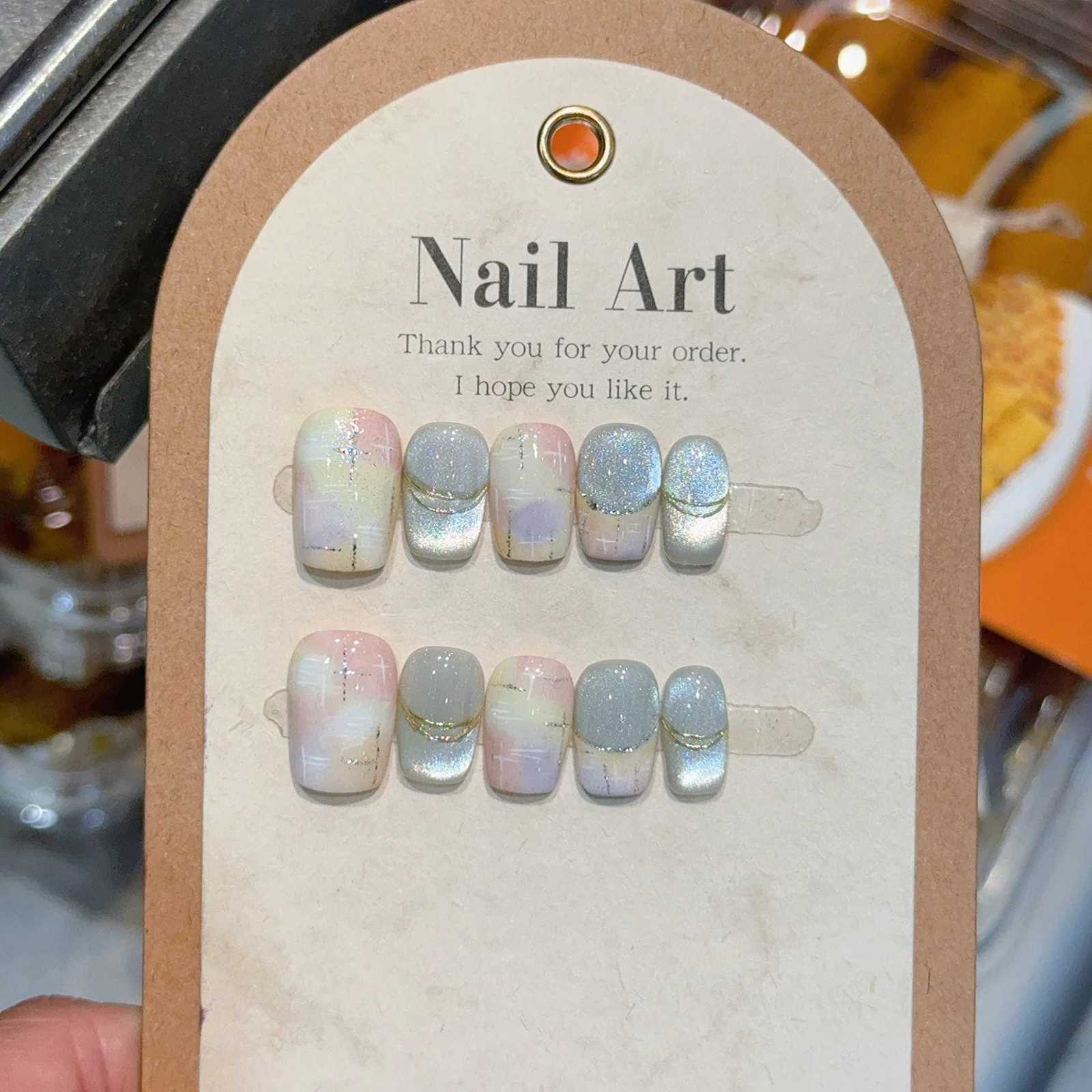 10Pcs French Handmade Press on Nails Blue Cat Eye Fake Nails Wearable Stick-on Nail False Nails Uas PostizasT251215-image-1088421927