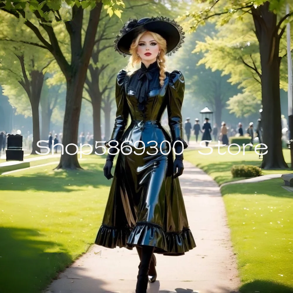 shiny Black Prom Dresses Long Sleeve Women Masquerade Costume High Collar Tea-Length evening Occasion gown Wear Customized