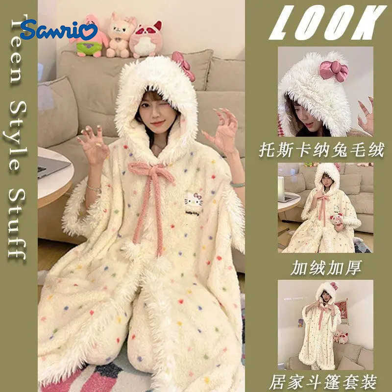 Sanrio Kawaii hellokitty pajamas nightgown girl coral velvet hat hooded pajamas thickened velvet cloak casual home clothes H251216-image-1088665984