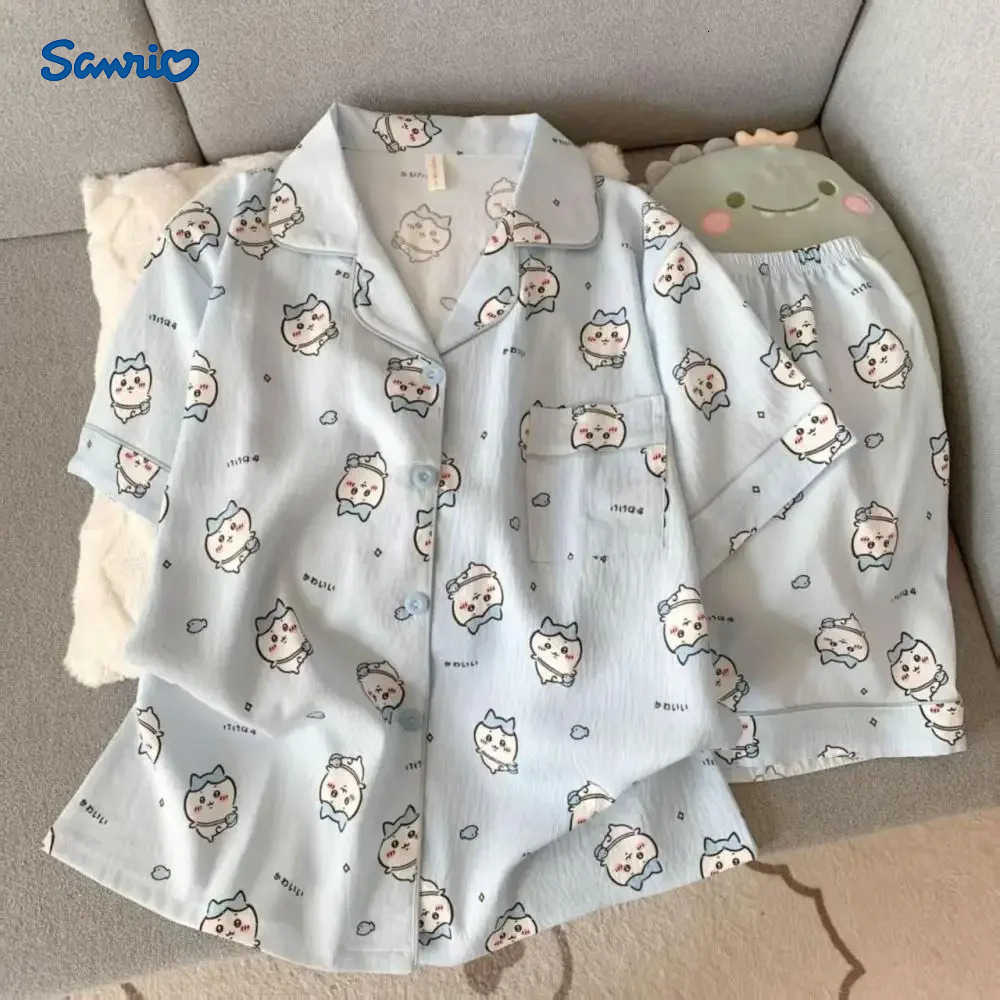 Sanrio Cartoon Chiikawa Summer Women Pajamas Suit Kawaii Usagi Casual Girls Homewear Anime Cute Short-Sleeved Shorts Nightclothes H251216-image-1088667148