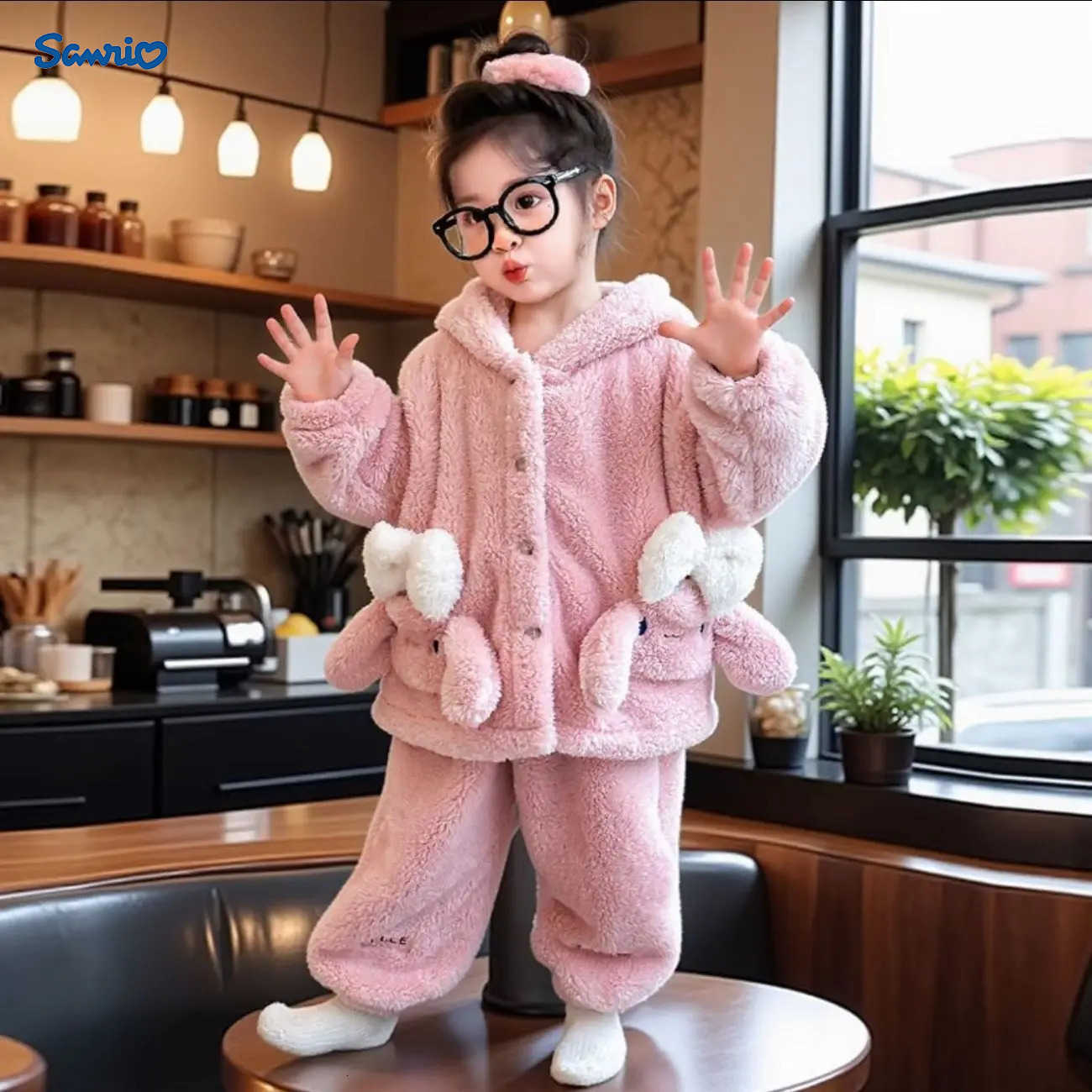 Sanrio Anime Sanrios Cinnamoroll Children Plush Pajamas Set Winter Cartoon Kawaii Girls White Coral Fleece Warm Thick Hooded Nightgown H251216-image-1088697198