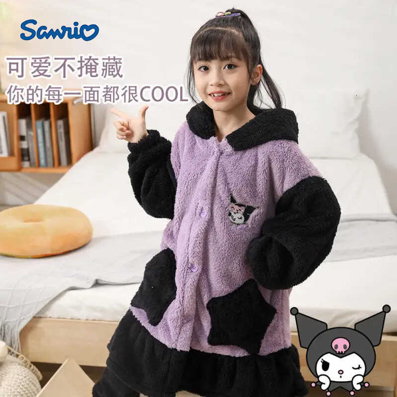 Sanrio Hot Kuromi Loungewear Set Girl Kawaii Casual Thick Cartoon Pajamas 2 Piece Set Student Christmas Gift Warm Winter Robe H251216-image-1088703168